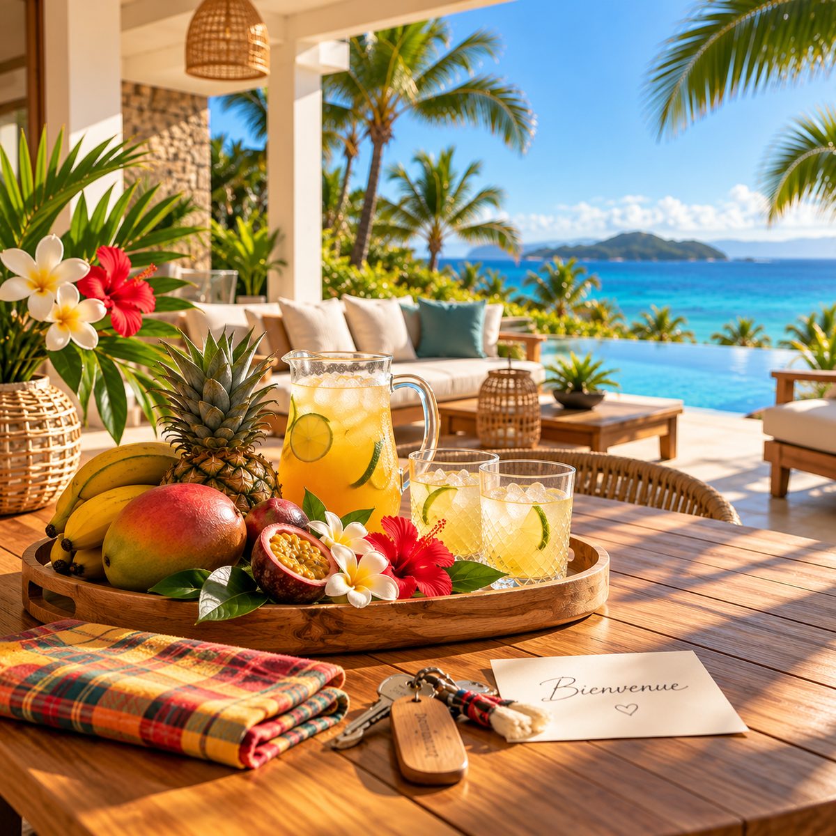 Plateau d’accueil avec fruits, jus et clés sur une terrasse vue mer