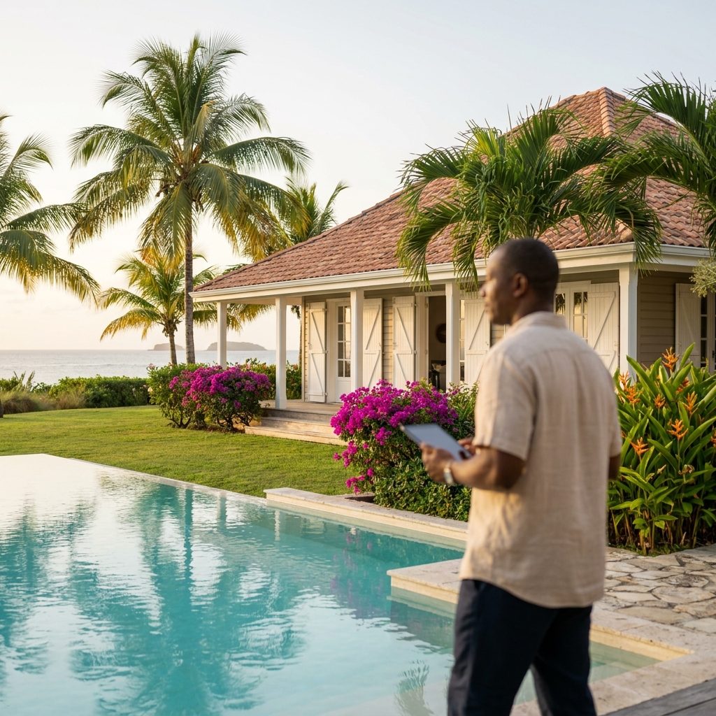 Contrôle d’une villa créole au bord de la piscine, tablette à la main