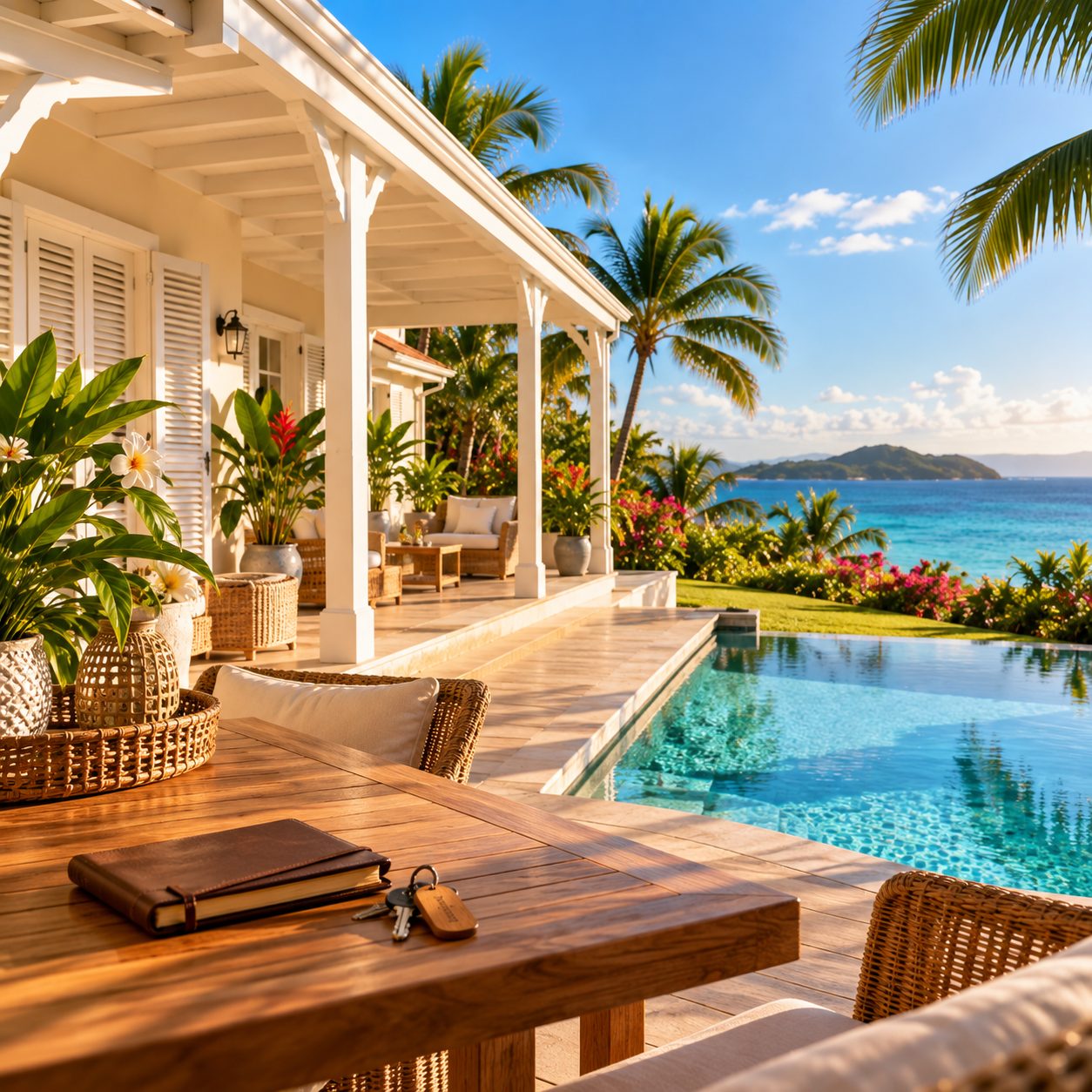 Villa créole avec piscine à débordement face à la mer des Caraïbes