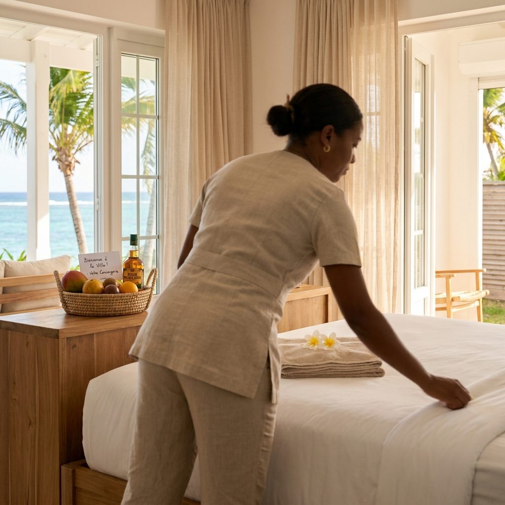 Préparation soignée d’une chambre face à la mer