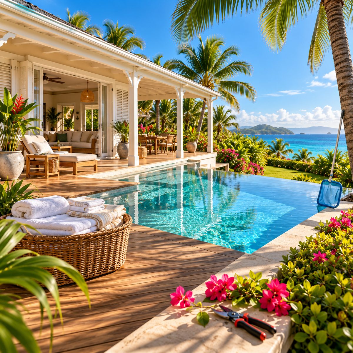 Piscine à débordement entretenue au bord d’une villa créole