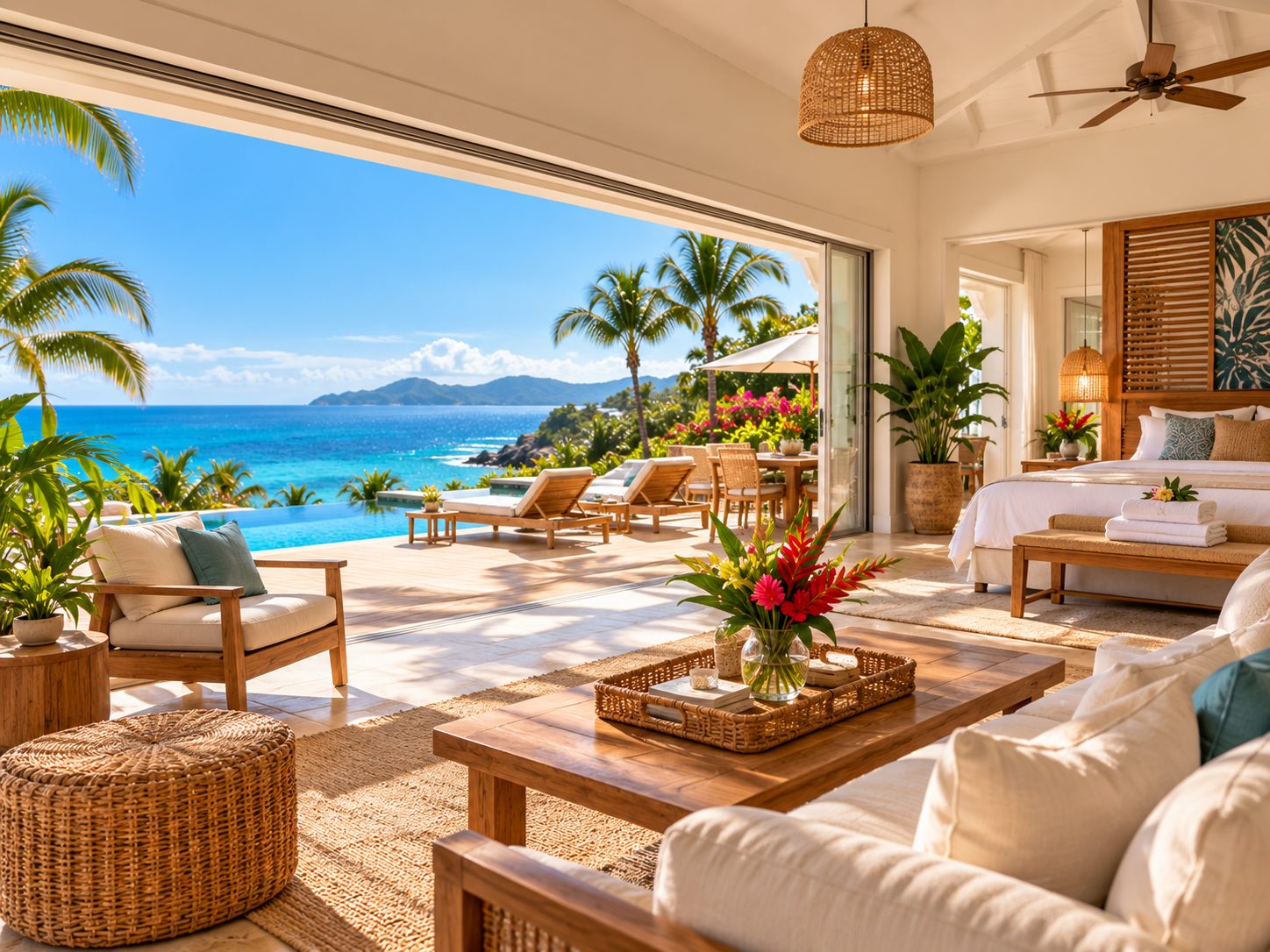 Salon ouvert sur la terrasse et la piscine, vue sur la mer